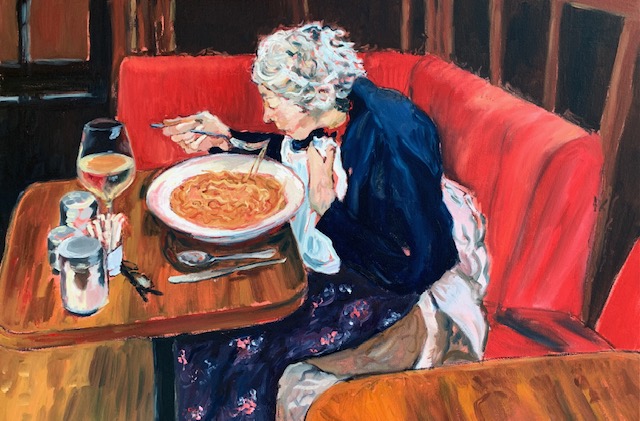 painting of a woman eating