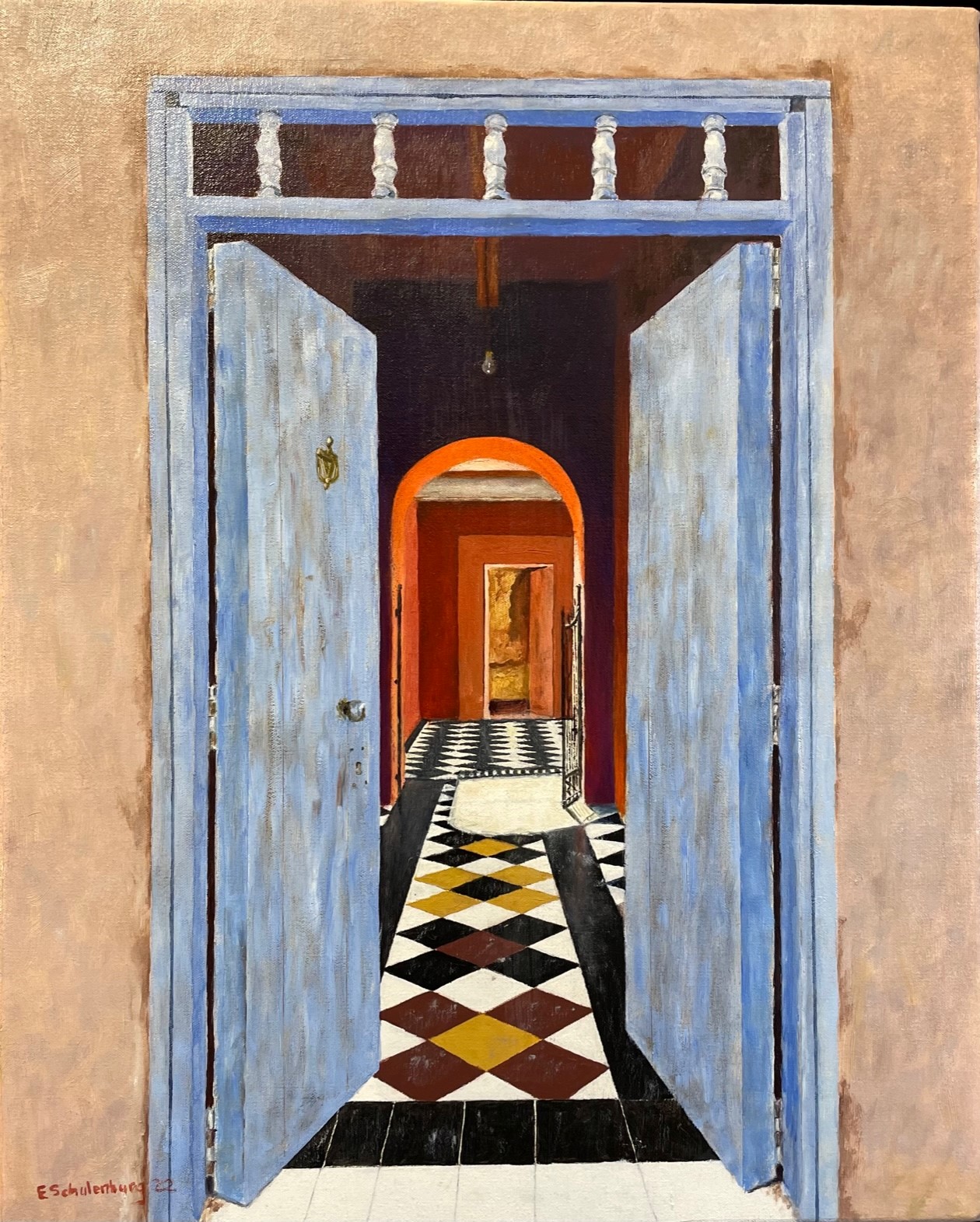 painting of open door and tiles