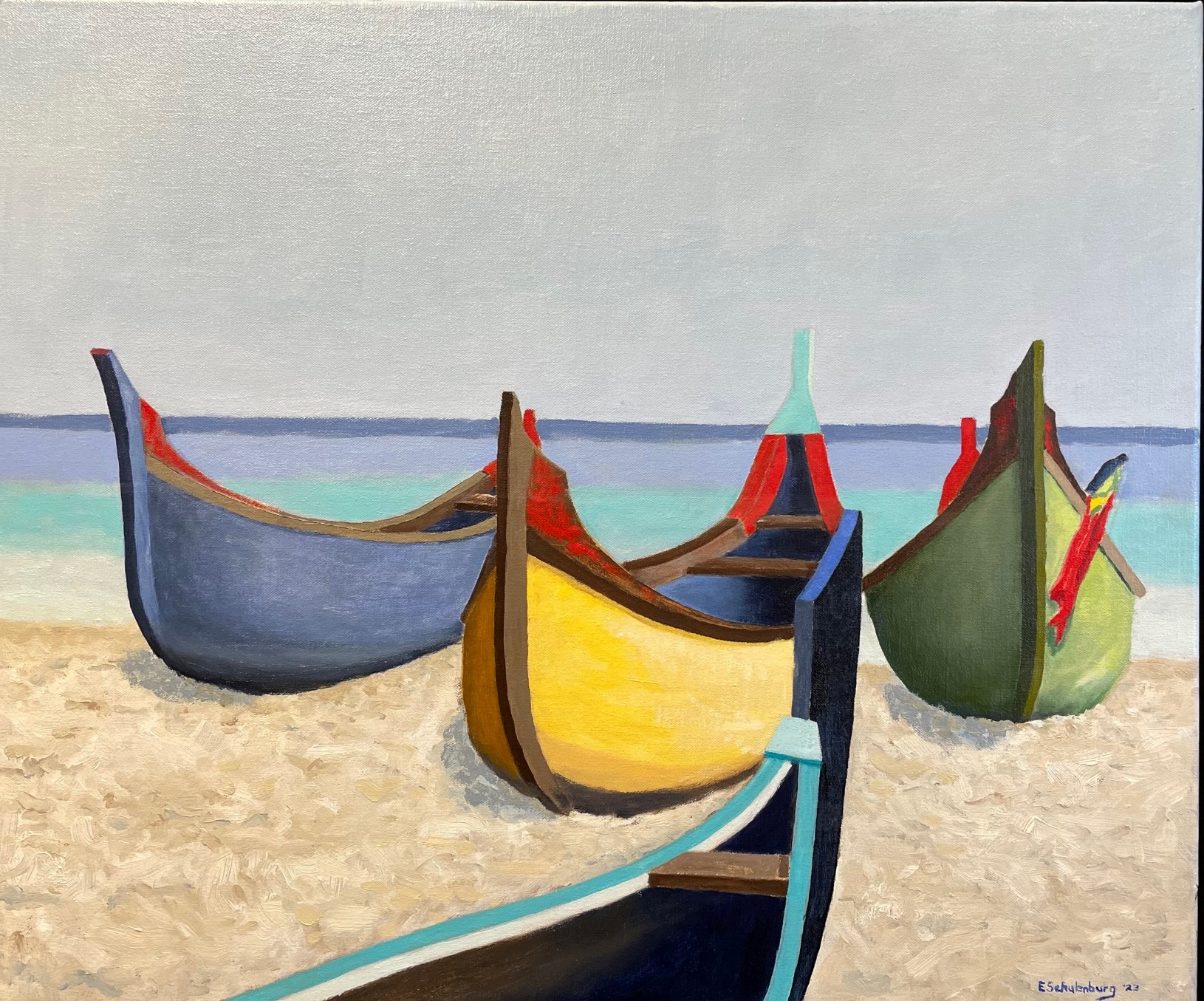 painting of colourful boats on a sandy beach 