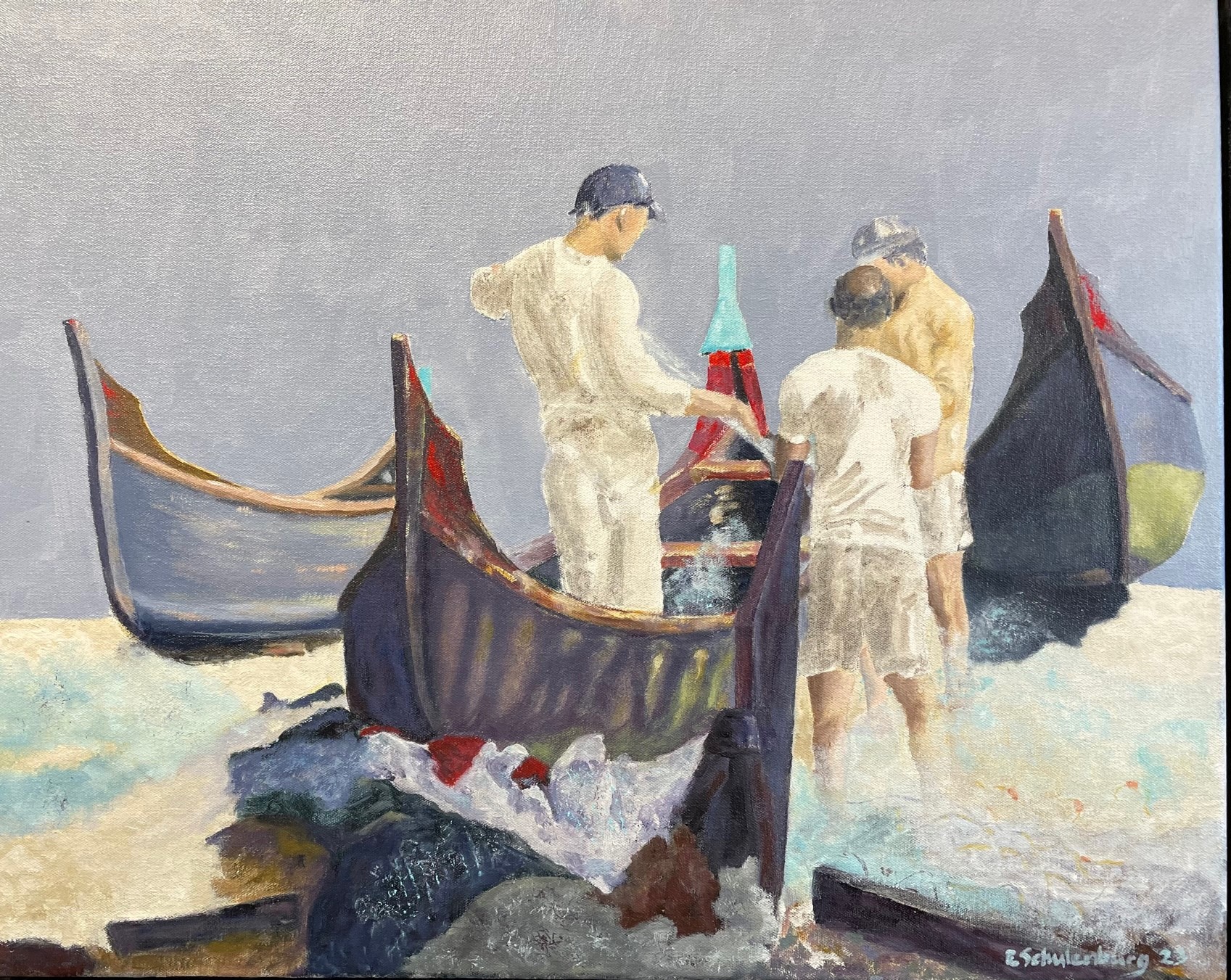 painting of people with boats on beach