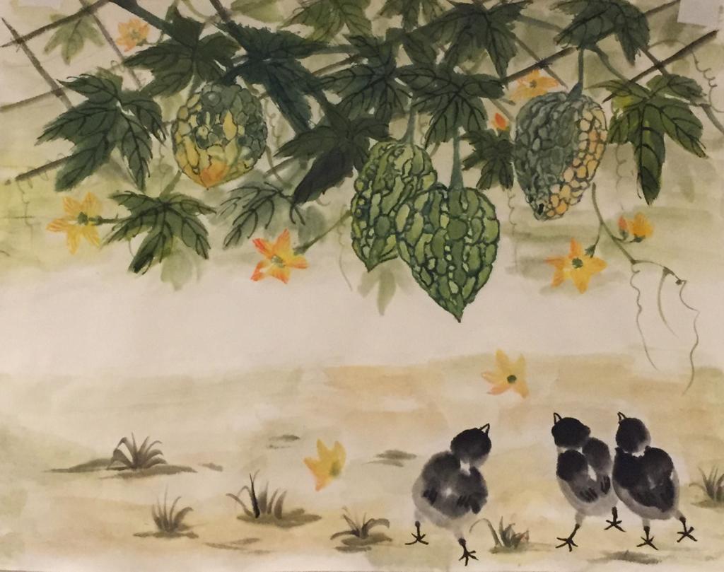 little chicks under leaves painting