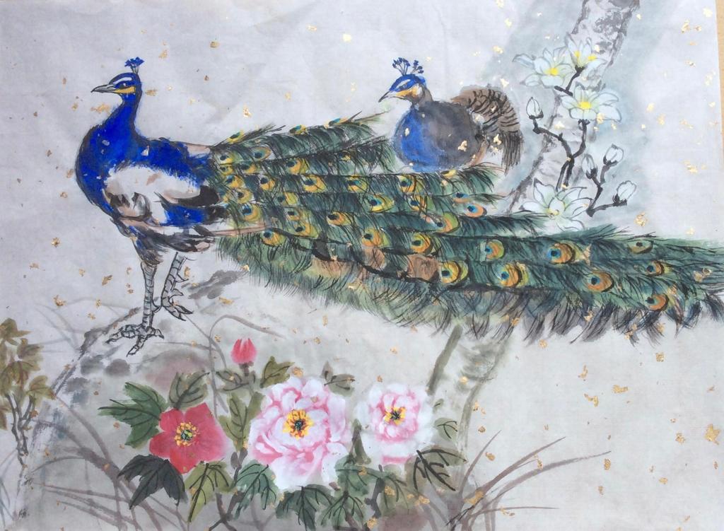 brush painting of peacocks