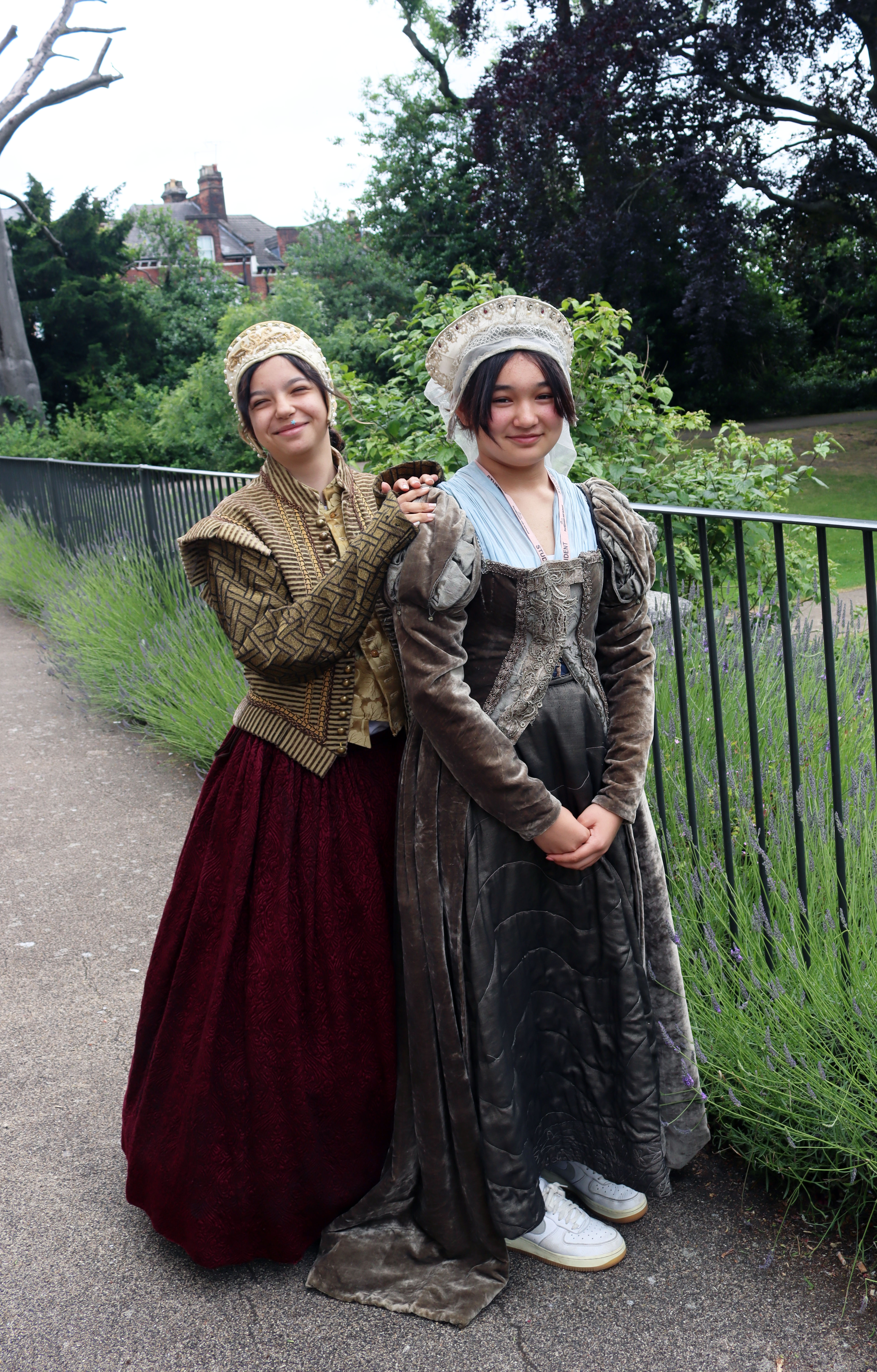 students pose with Tudor costumes