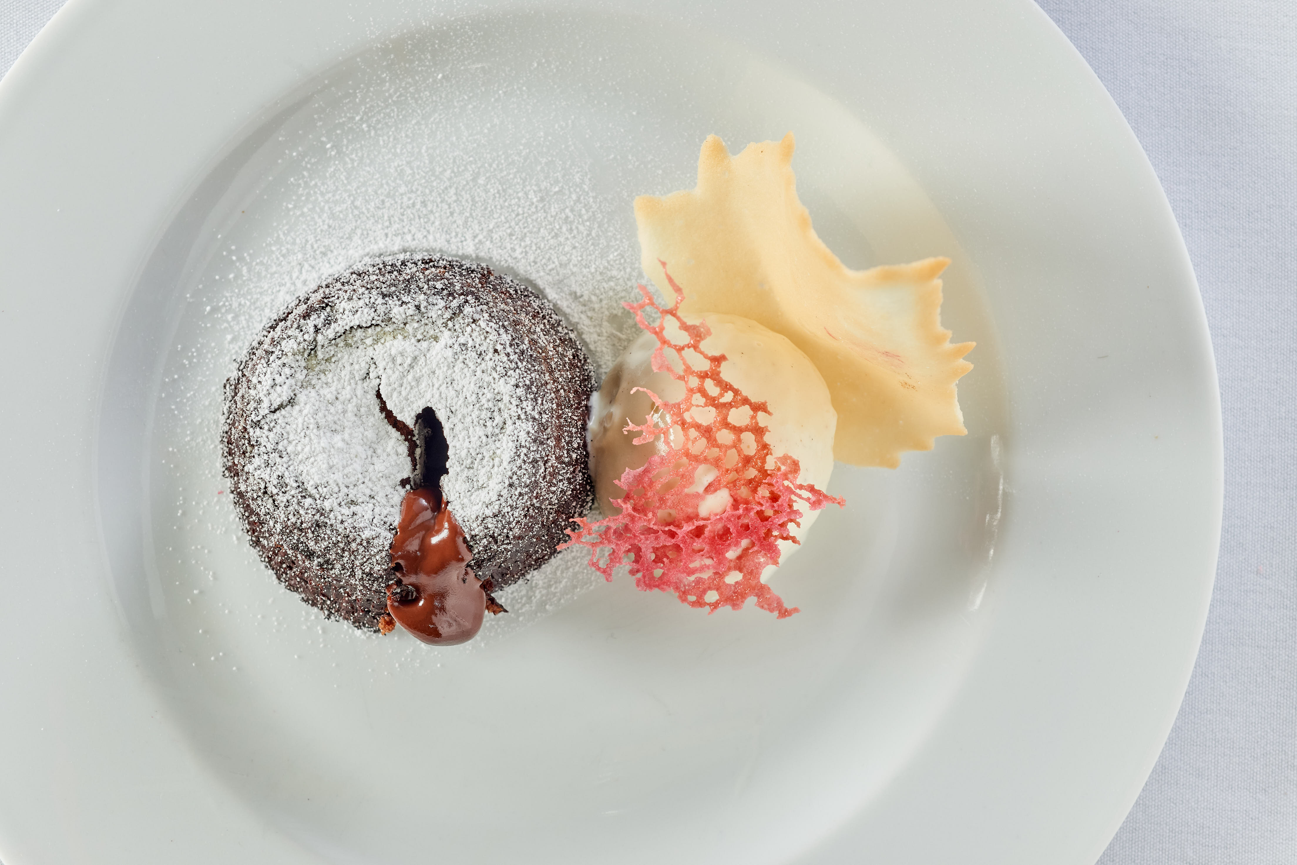 Pink Food's classic chocolate fondant with vanilla ice cream and raspberry shards