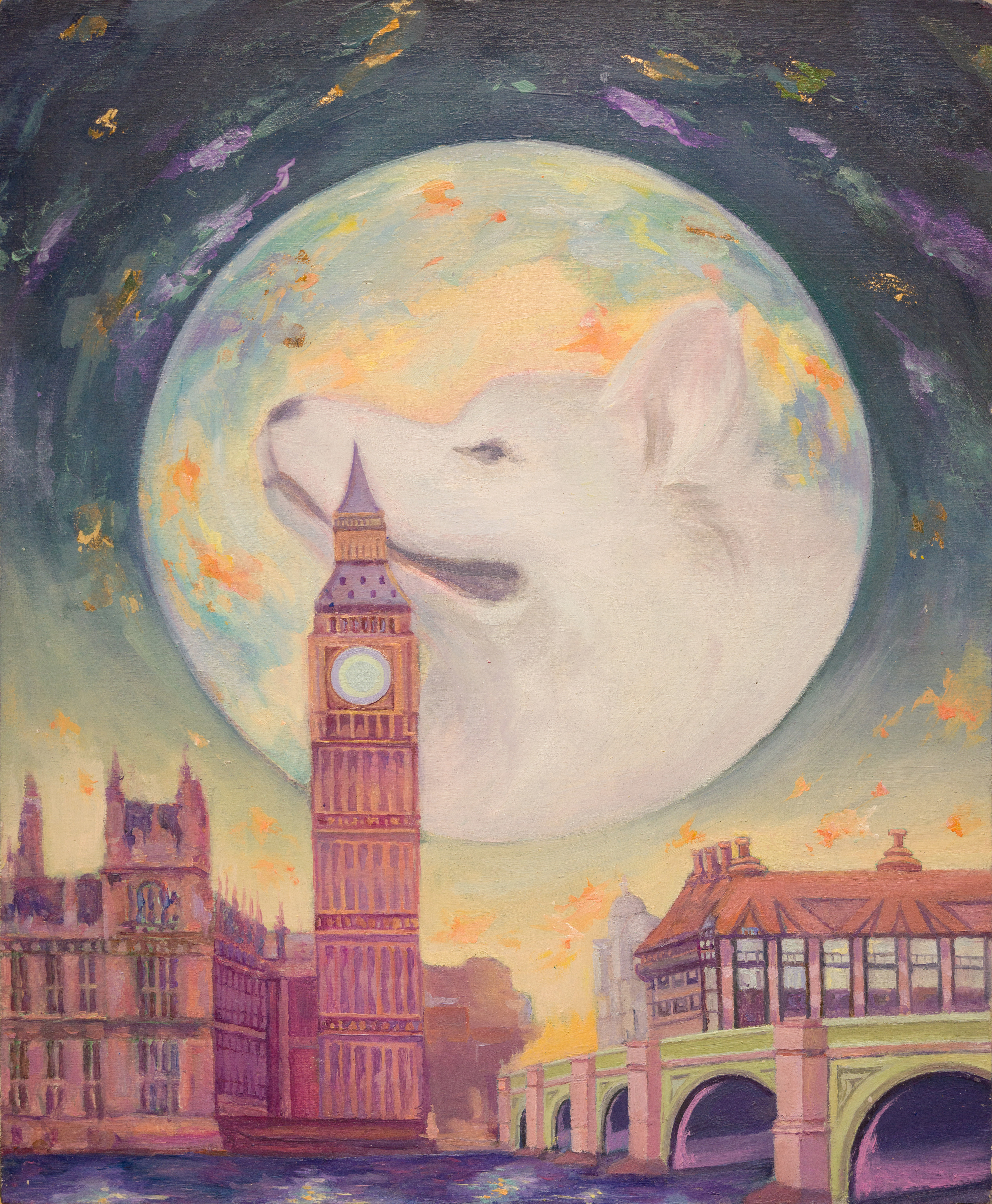 A dog in the moon overlooking london