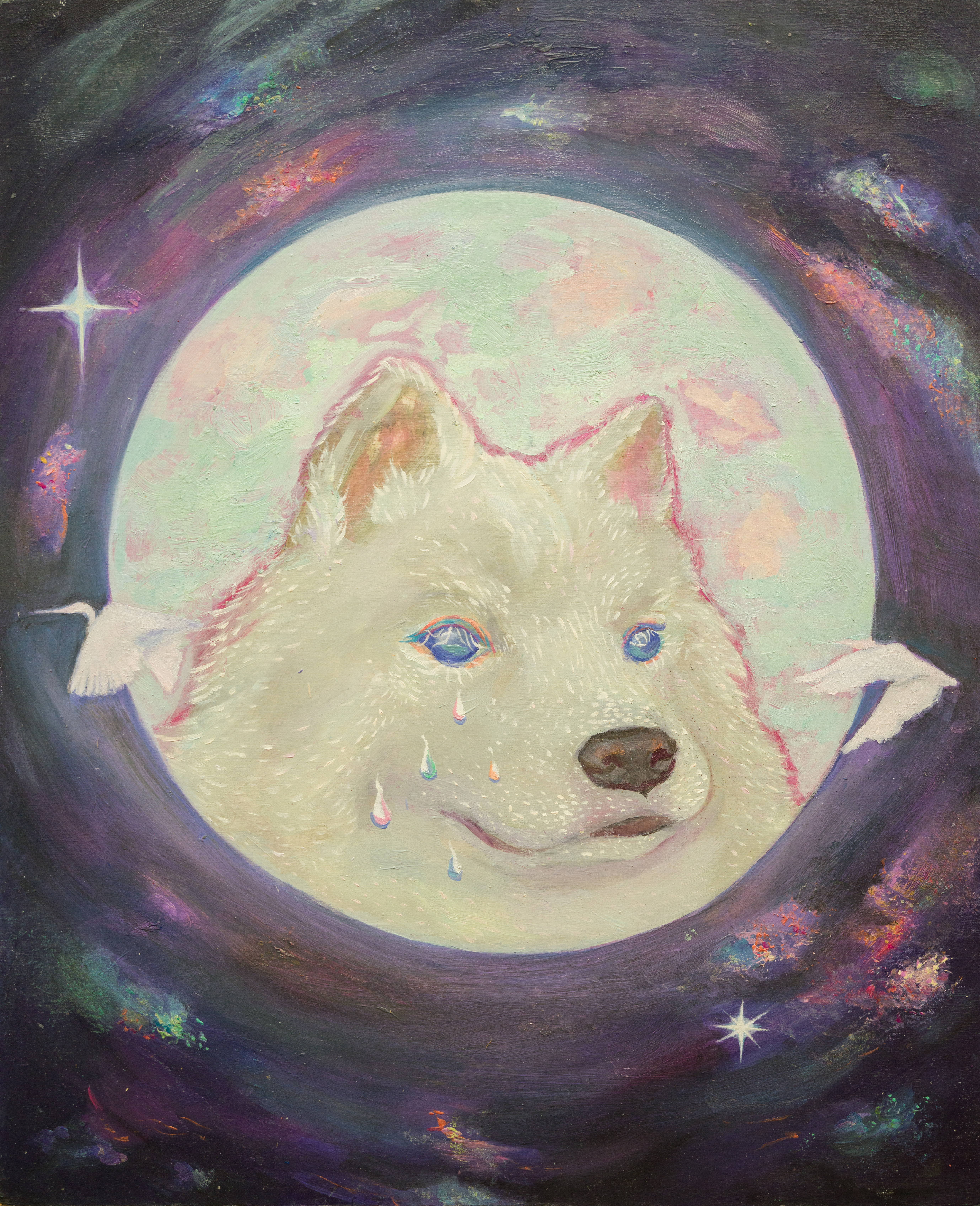 Crying dog in the moon with two birds flying across