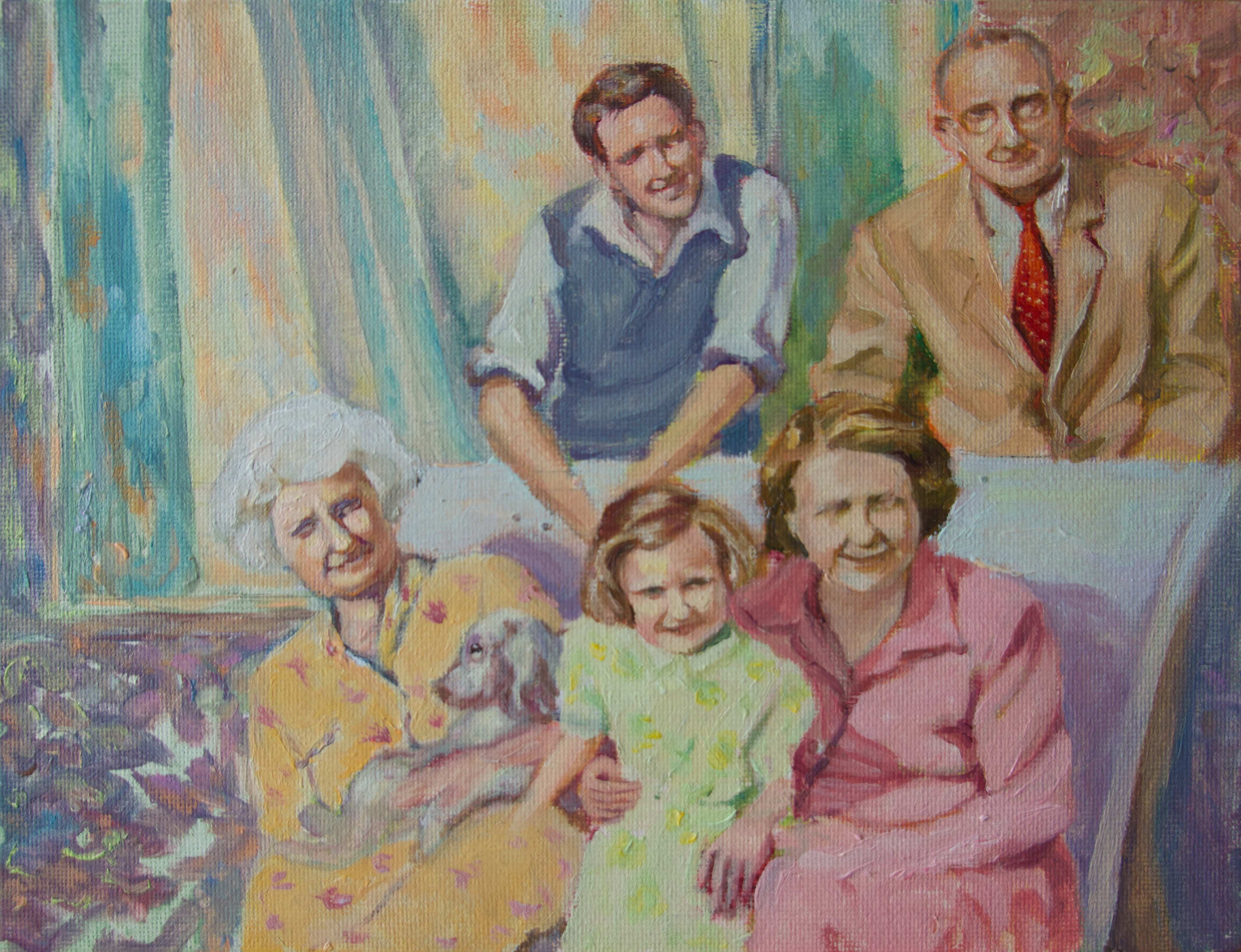 A colourful painting of a family - two grandparents, two parents and a little girl