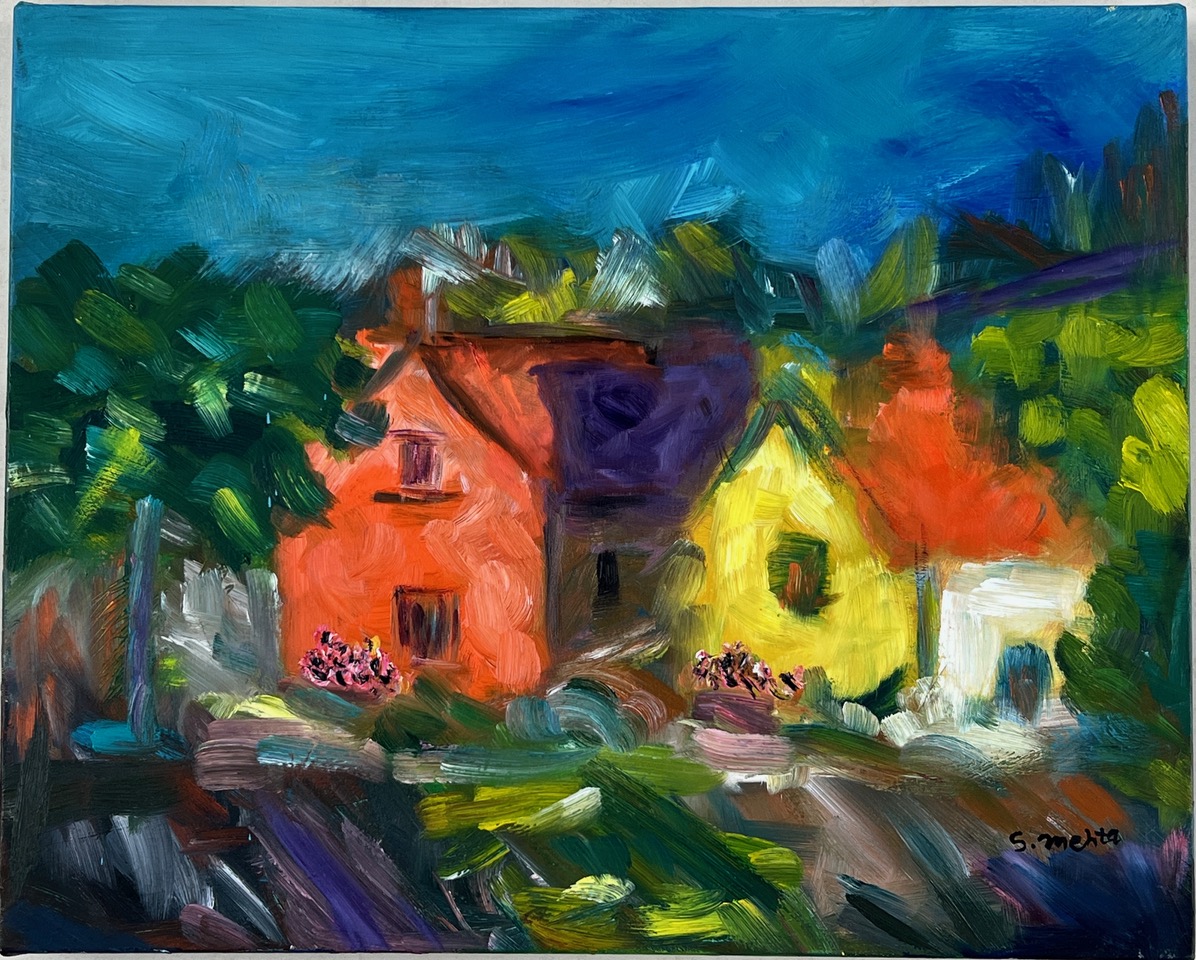 colourful oil painting of yellow and orange farm house