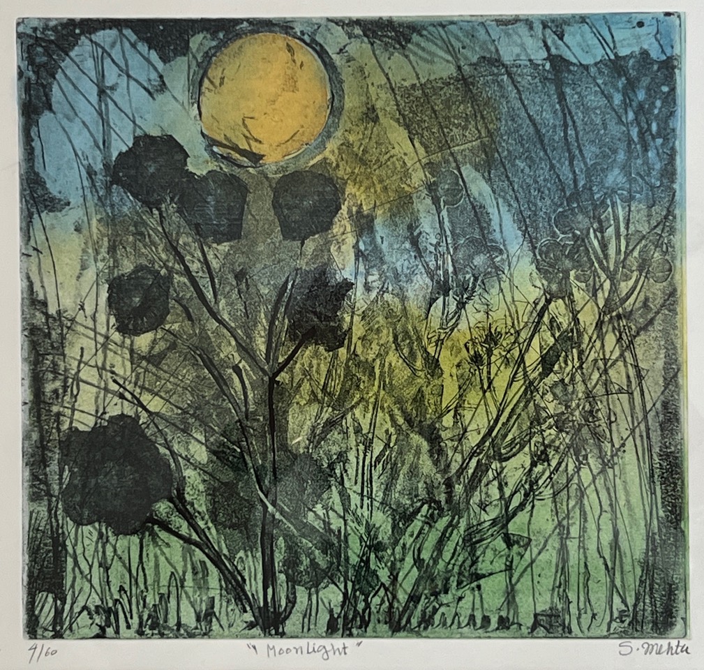 Moonlight green blue yellow etching