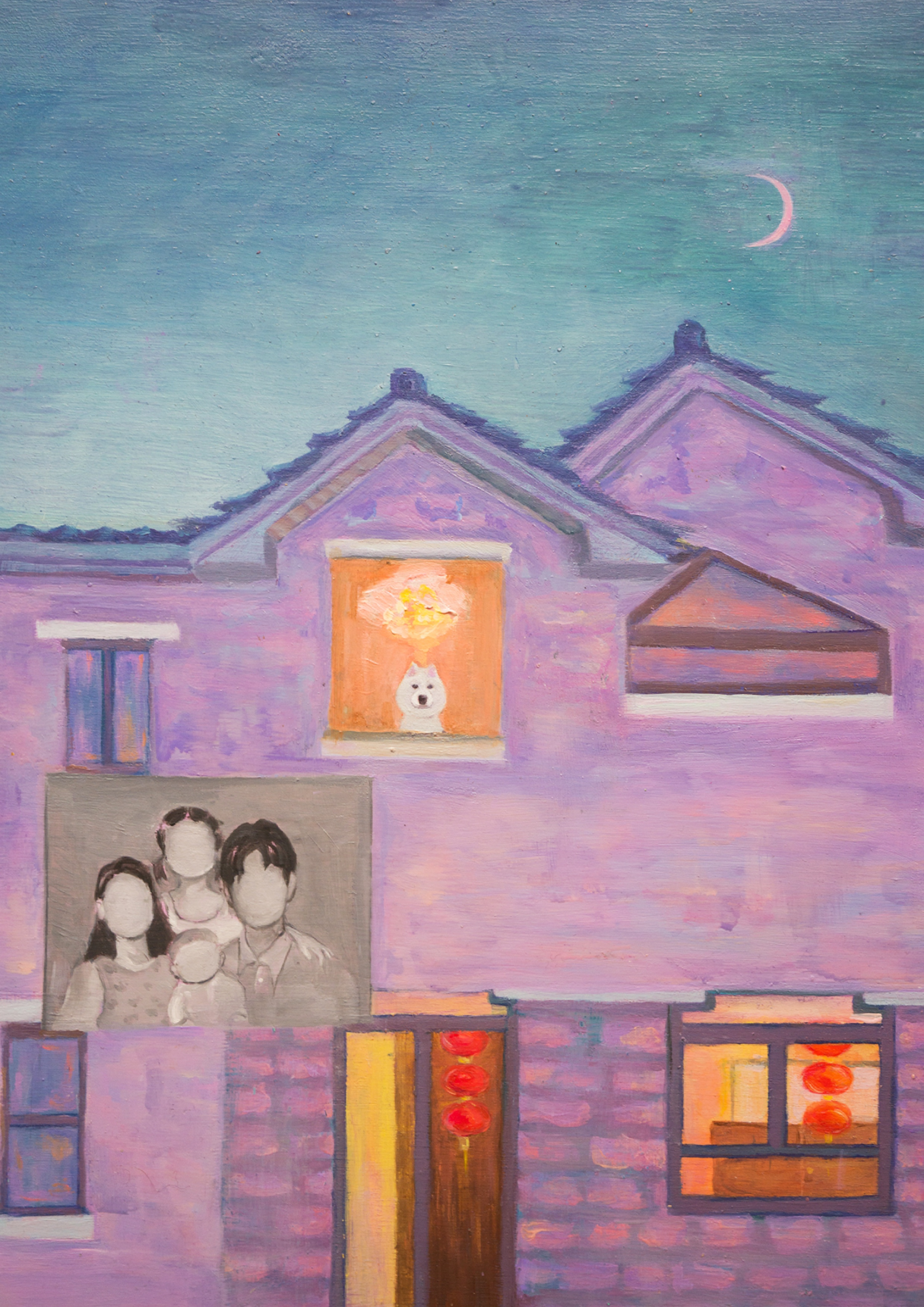 A grey family looking out of a purple house