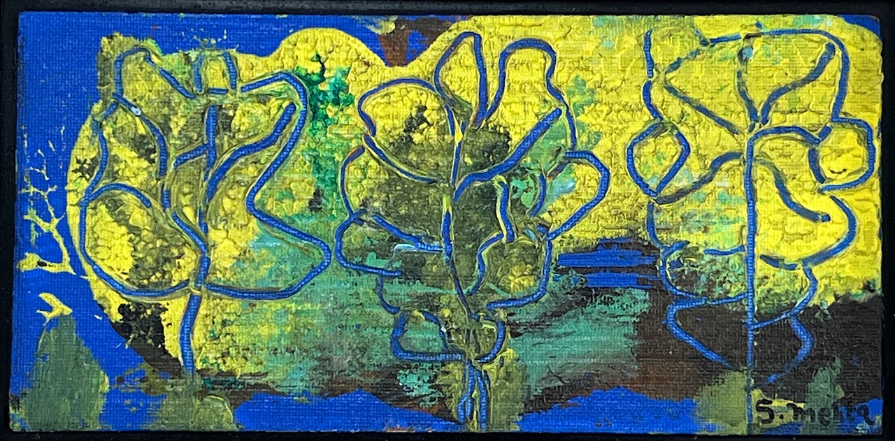 three trees blue and yellow, oil painting