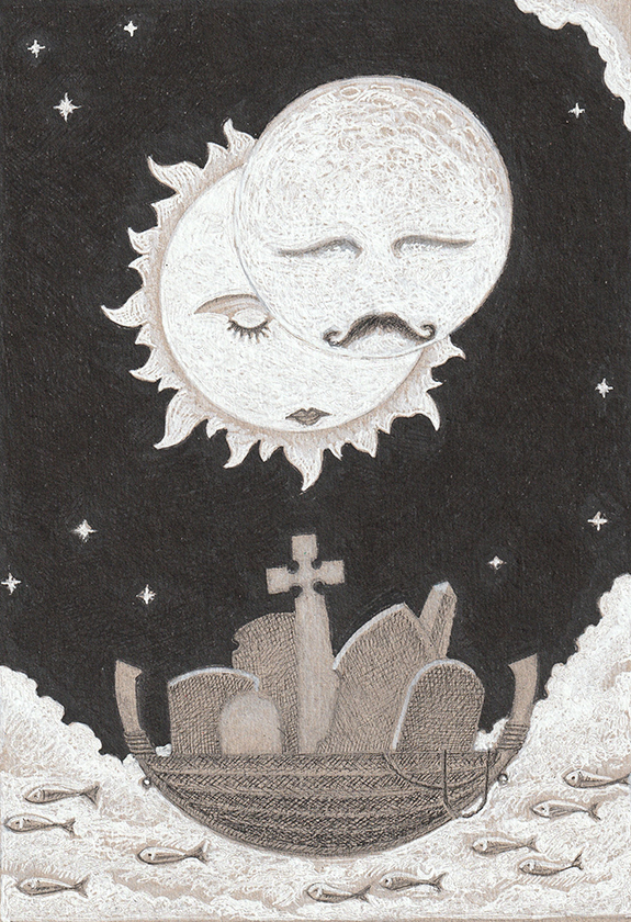 a female sun and a male moon overlooking a graveyard