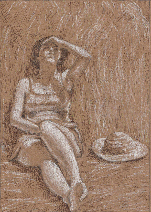 a woman sitting and shielding her eyes from the sun