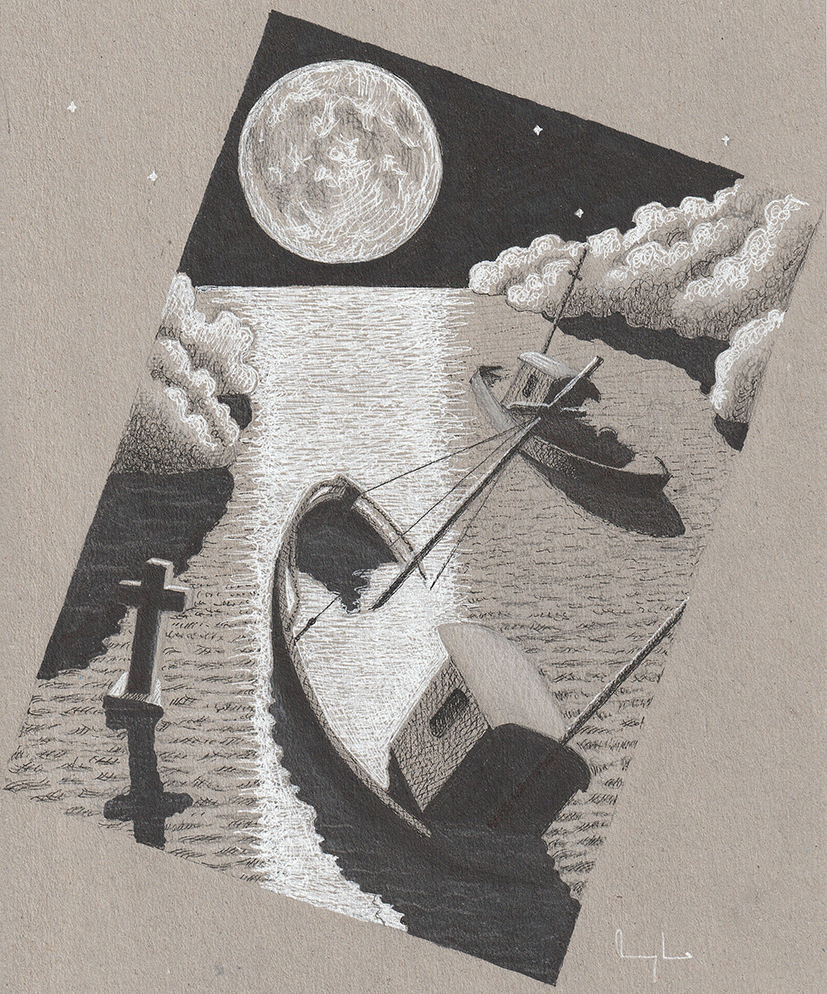 a boat sailing toward the moon askew on the page