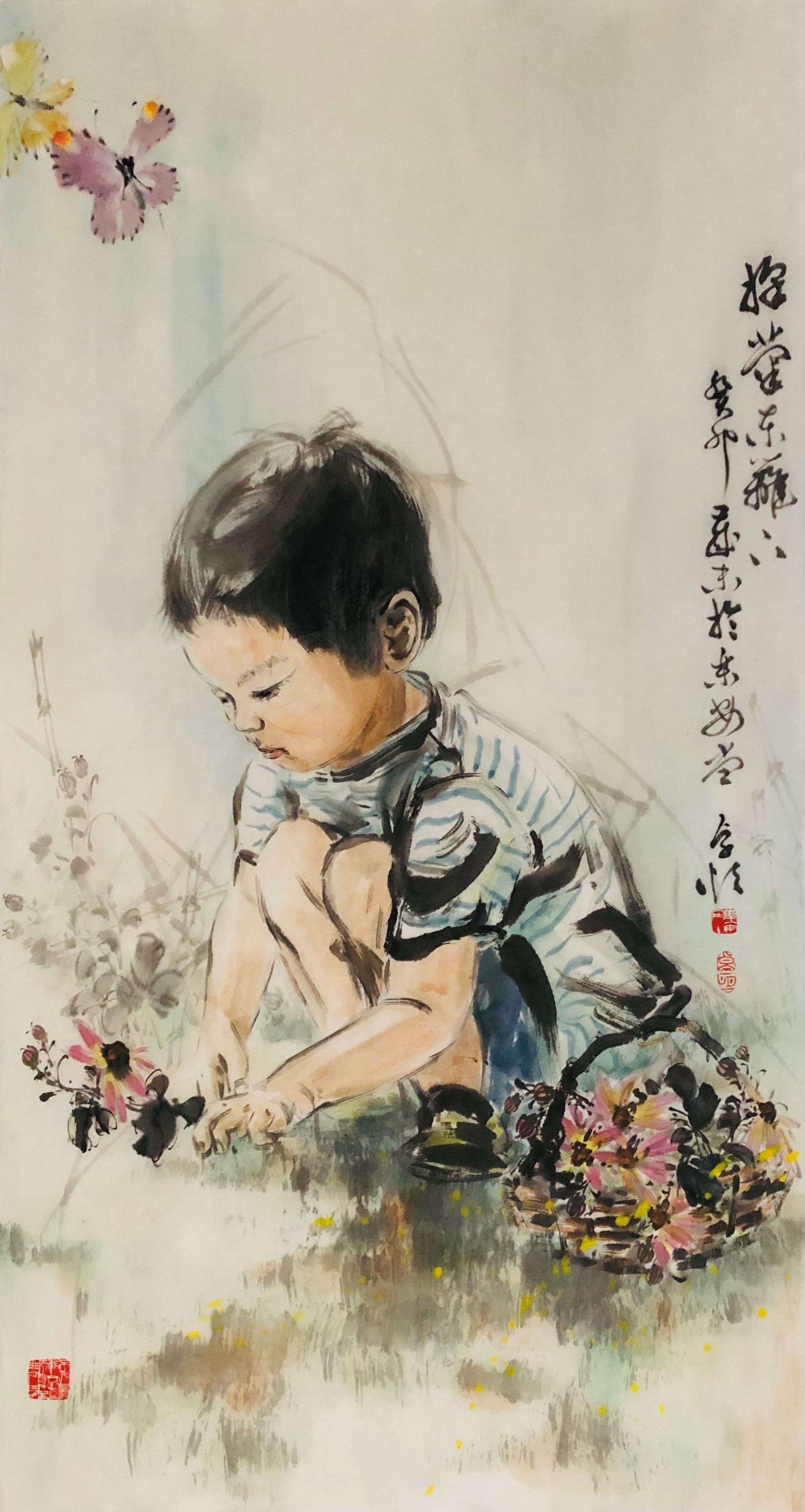 Little boy kneeling to pick flowers